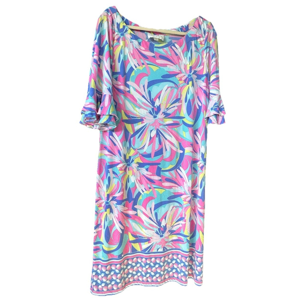 Pappagallo Double‎ Ruffle Sleeve Shift Dress Floral Pink Blue Medium Dopamine